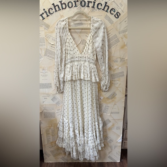 Free People Rococo Sand Emi Long Sleeved Dress Ruffle Lace Trim Metallic Ivory - Picture 5 of 6